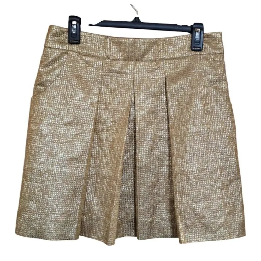 J. Crew Collection Gold Metallic Pleated Mini Skirt glam chic elegant bling